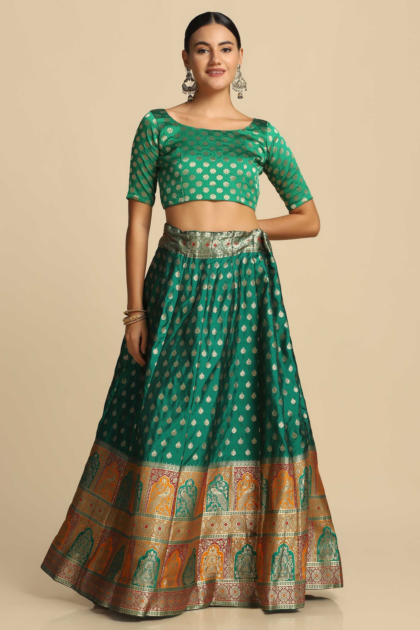 Self Design Semi Stitched Green Lehenga Choli