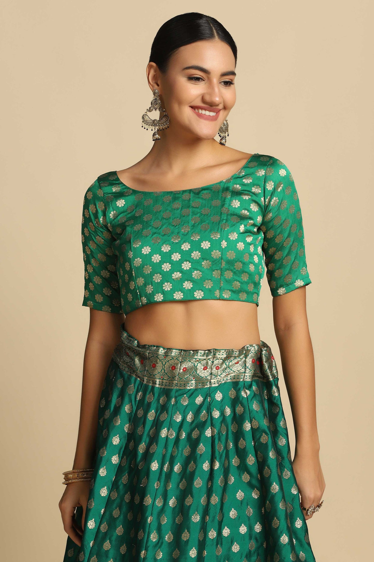 Self Design Semi Stitched Green Lehenga Choli