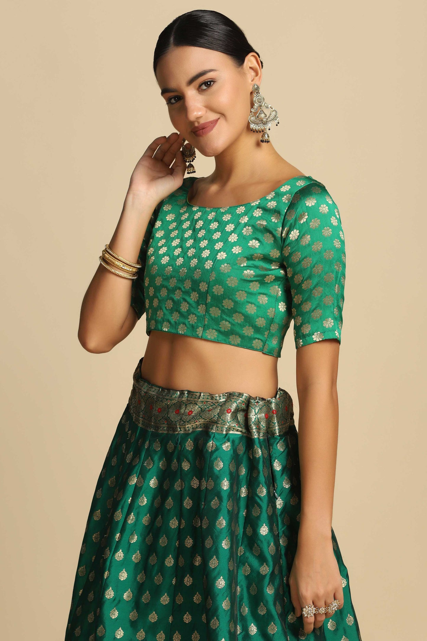 Self Design Semi Stitched Green Lehenga Choli