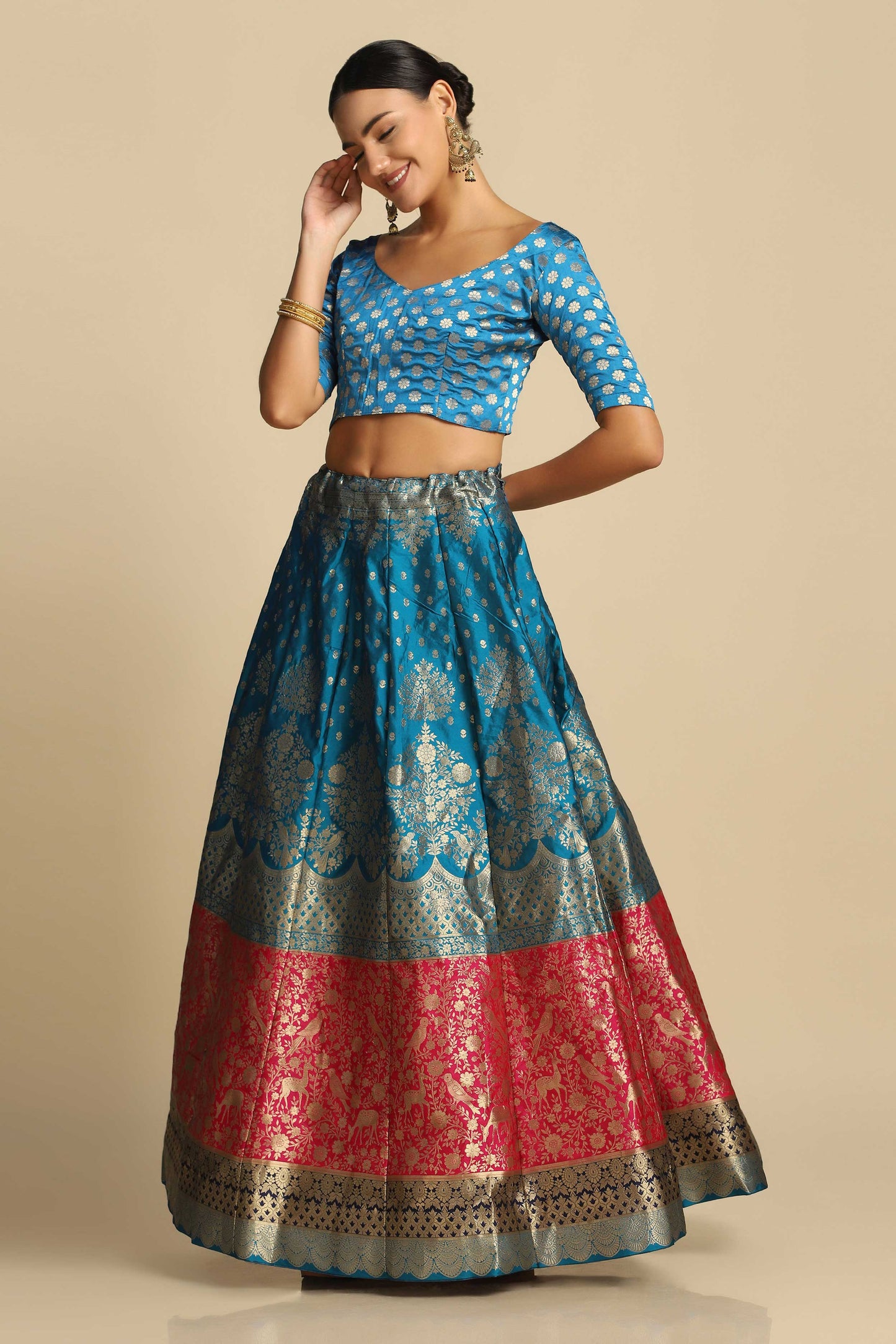 Turquoise Sky Blue Semi-Stitched Lehenga & Unstitched Blouse With Dupatta