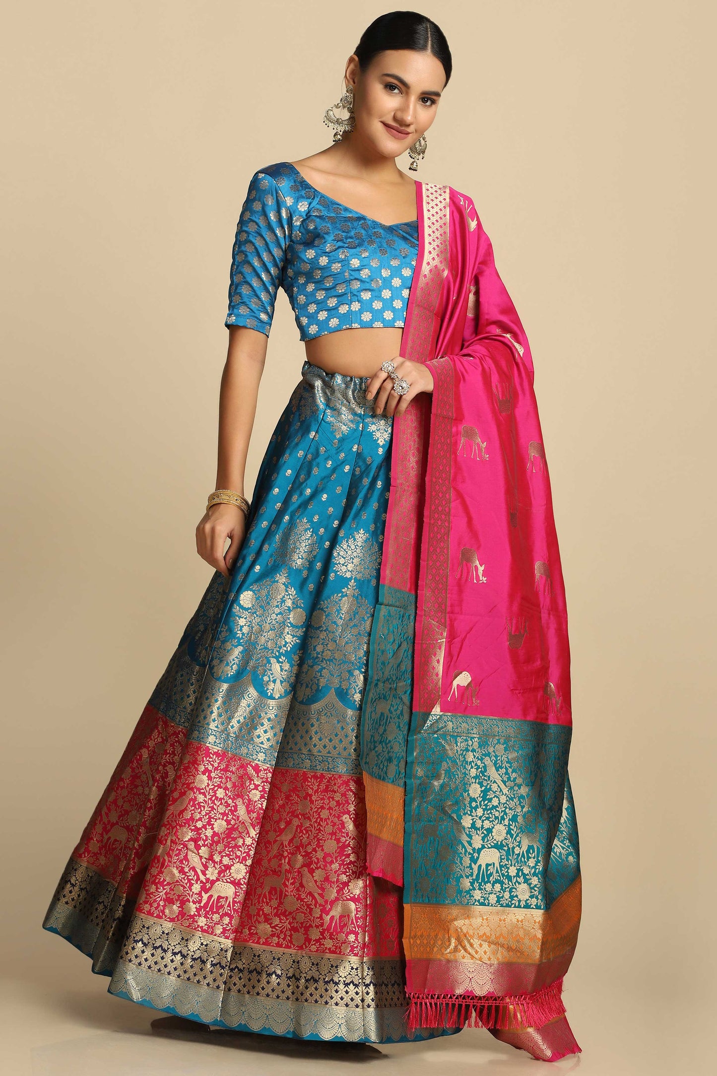 Turquoise Sky Blue Semi-Stitched Lehenga & Unstitched Blouse With Dupatta