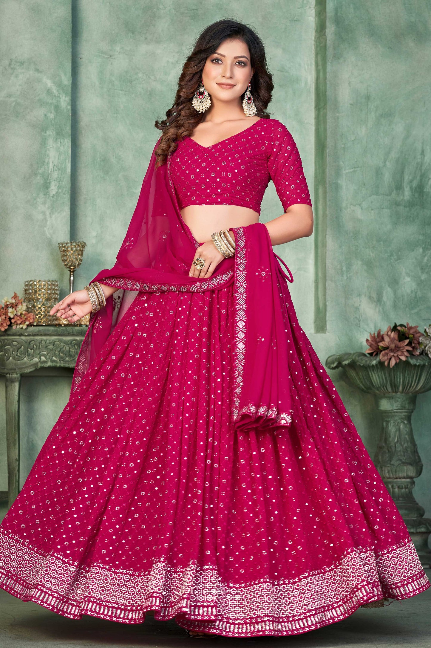 Dark Pink Sequins Embroidered Georgeete Lehenga Choli