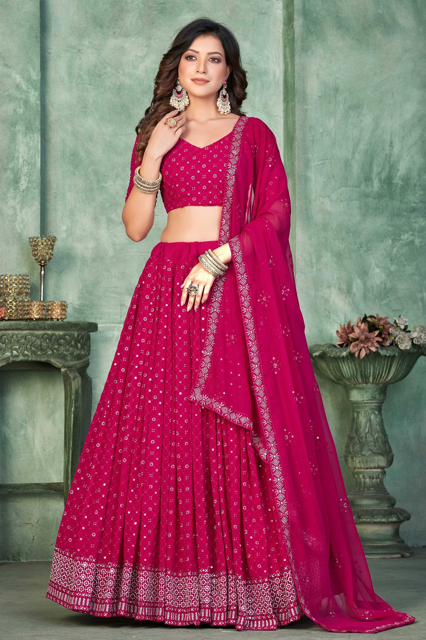 Dark Pink Sequins Embroidered Georgeete Lehenga Choli