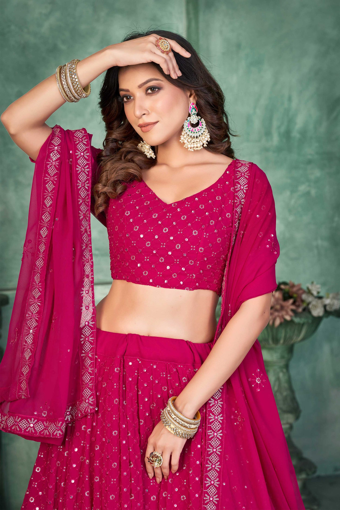 Dark Pink Sequins Embroidered Georgeete Lehenga Choli