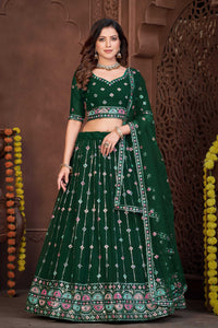 Embroidered Dark Green Georgette Panelled Style Lehenga