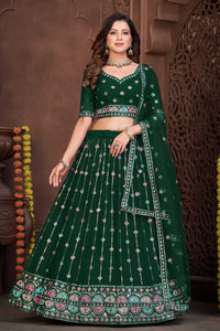 Embroidered Dark Green Georgette Panelled Style Lehenga