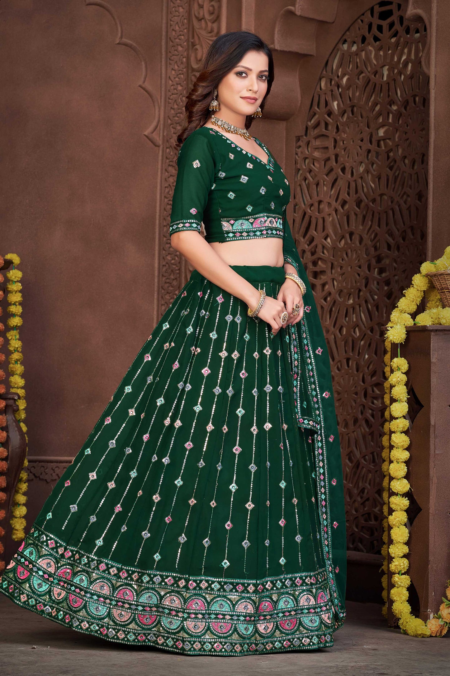 Embroidered Dark Green Georgette Panelled Style Lehenga