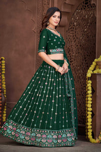 Embroidered Dark Green Georgette Panelled Style Lehenga