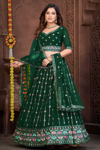 Embroidered Dark Green Georgette Panelled Style Lehenga