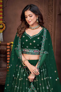 Embroidered Dark Green Georgette Panelled Style Lehenga