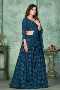 Teal Blue Embellished With Metal Foil Georgette Lehenga Choli