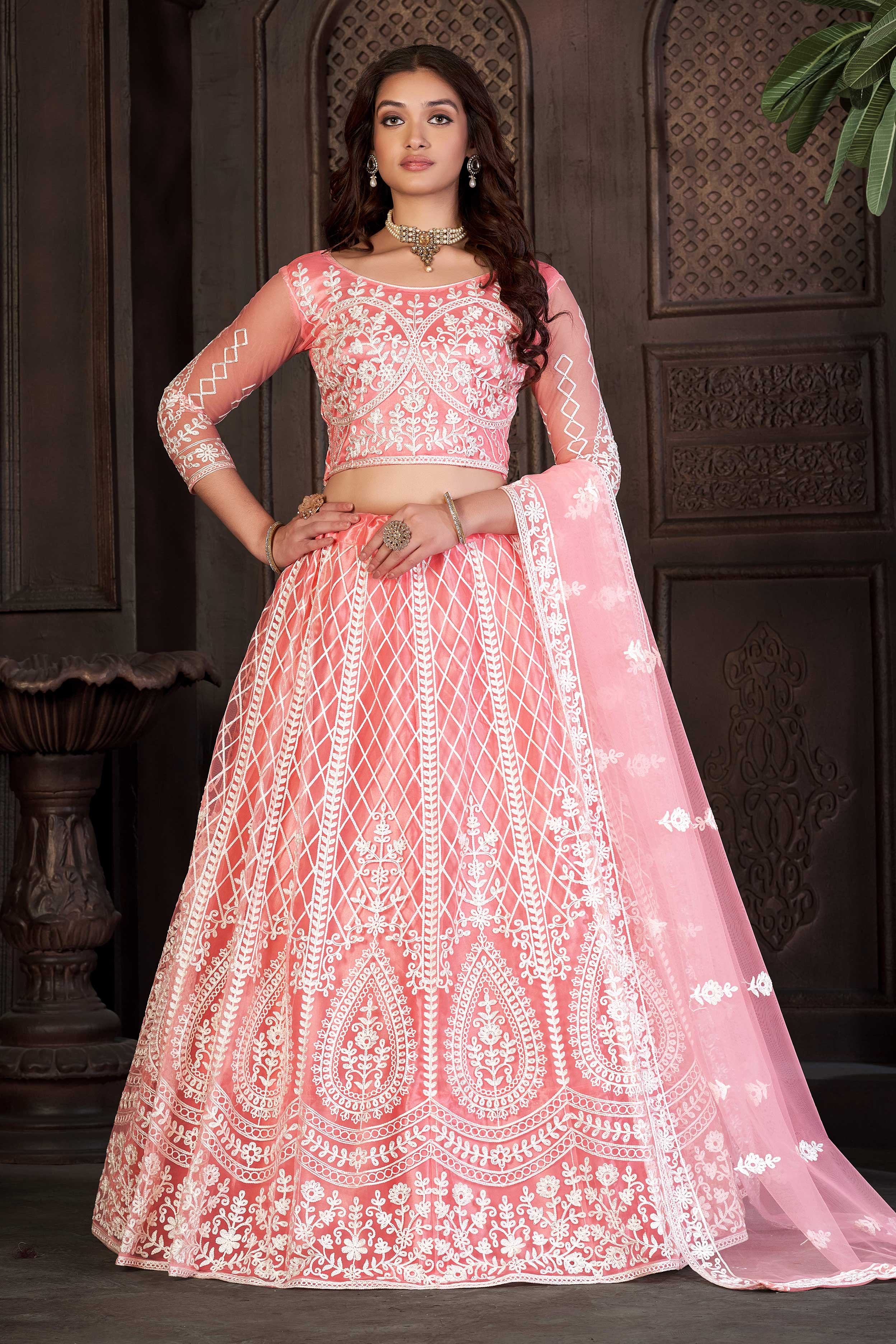 Peach Embroidered Trendy Lehenga Choli