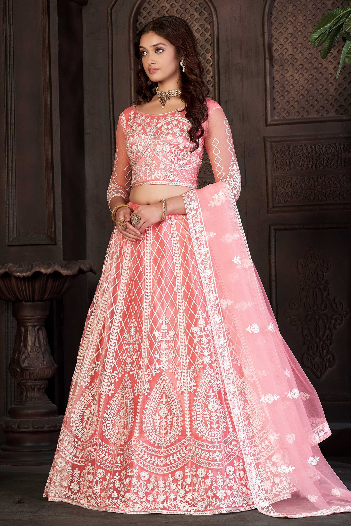 Peach Embroidered Trendy Lehenga Choli