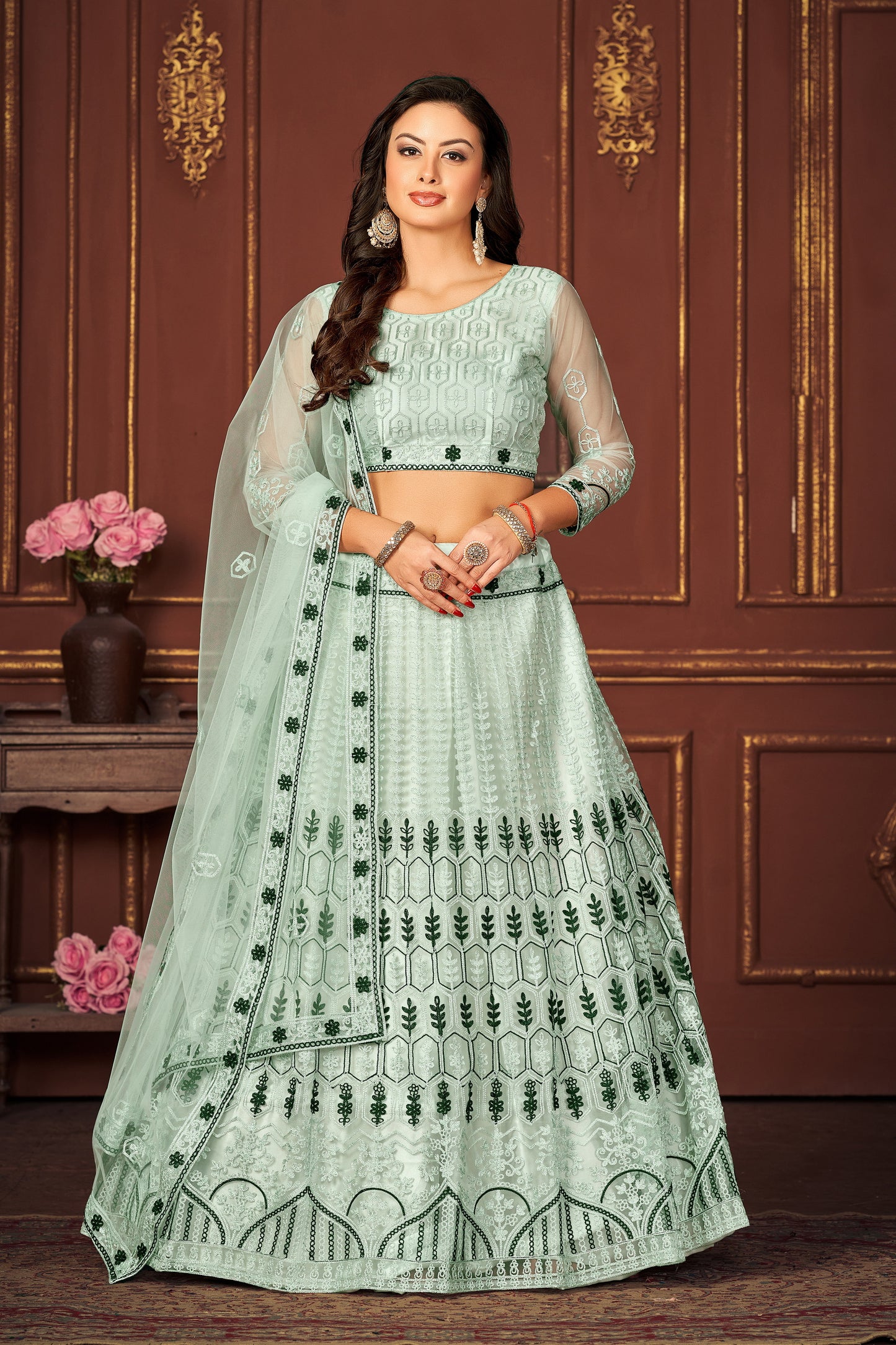 Embroidered Net Lehenga in Sea Green