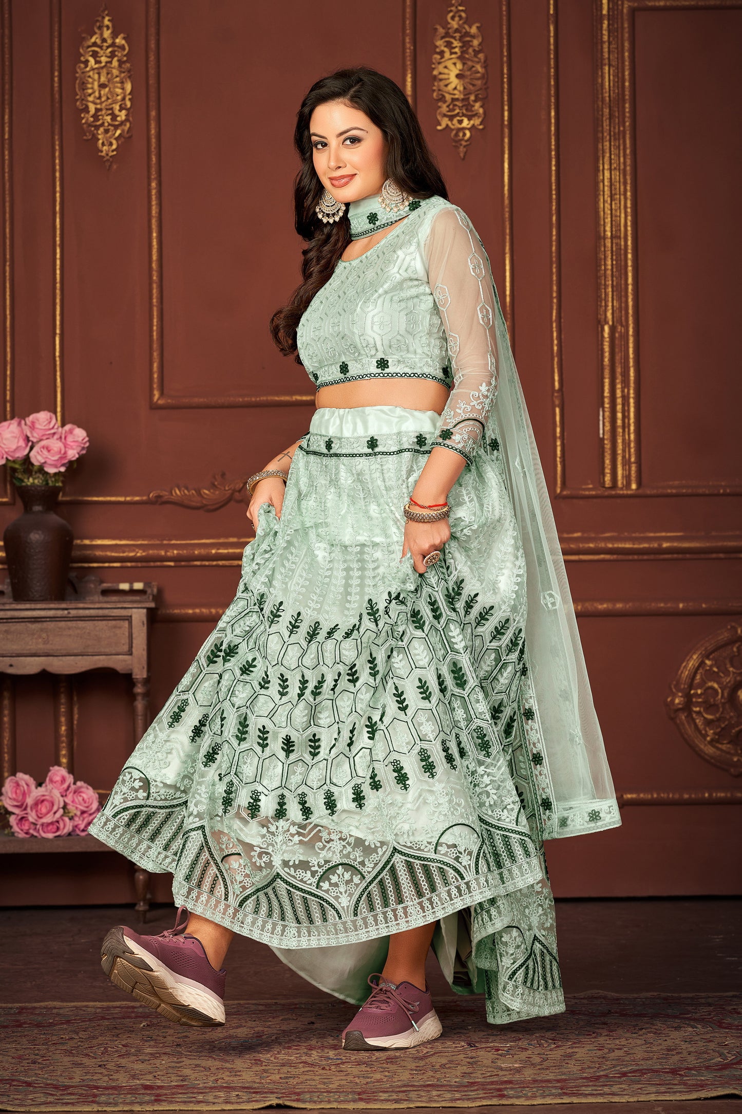 Embroidered Net Lehenga in Sea Green