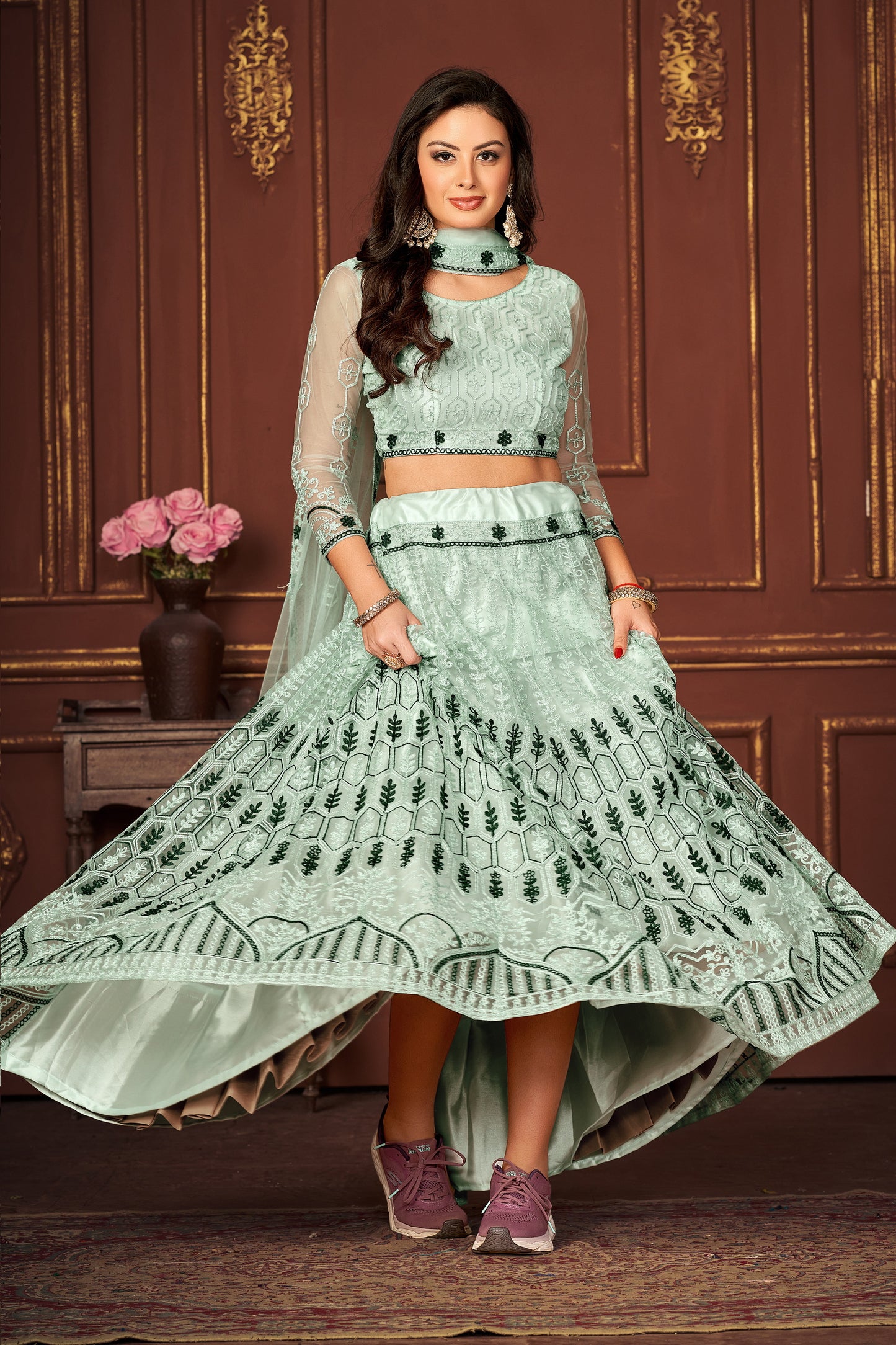 Embroidered Net Lehenga in Sea Green