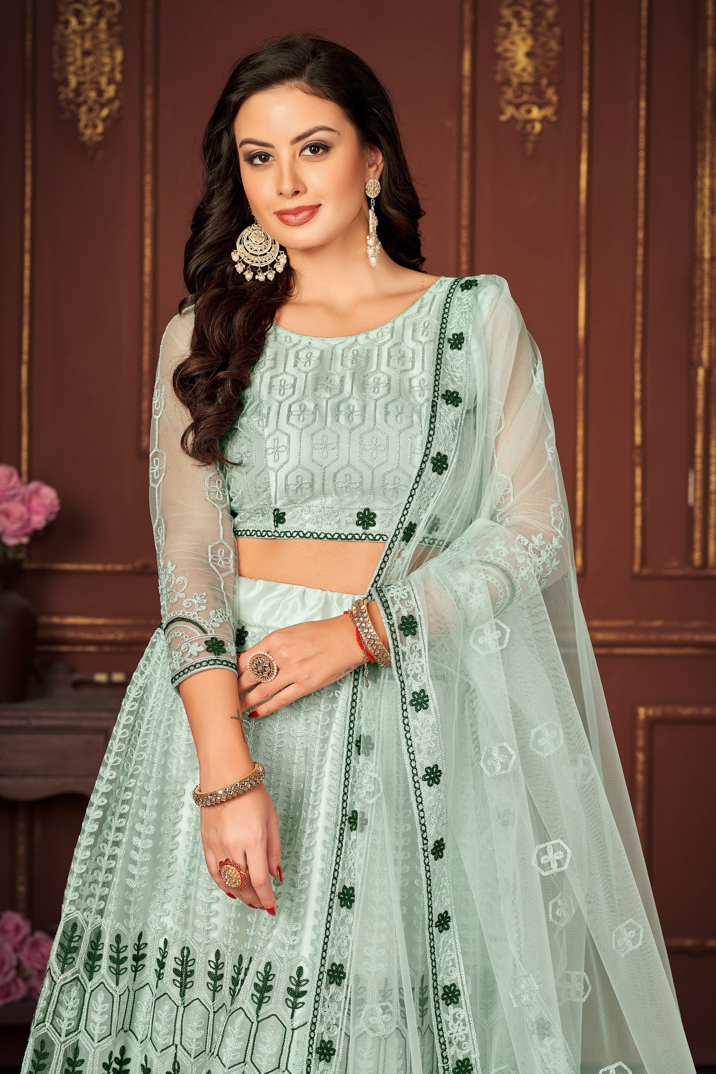 Embroidered Net Lehenga in Sea Green