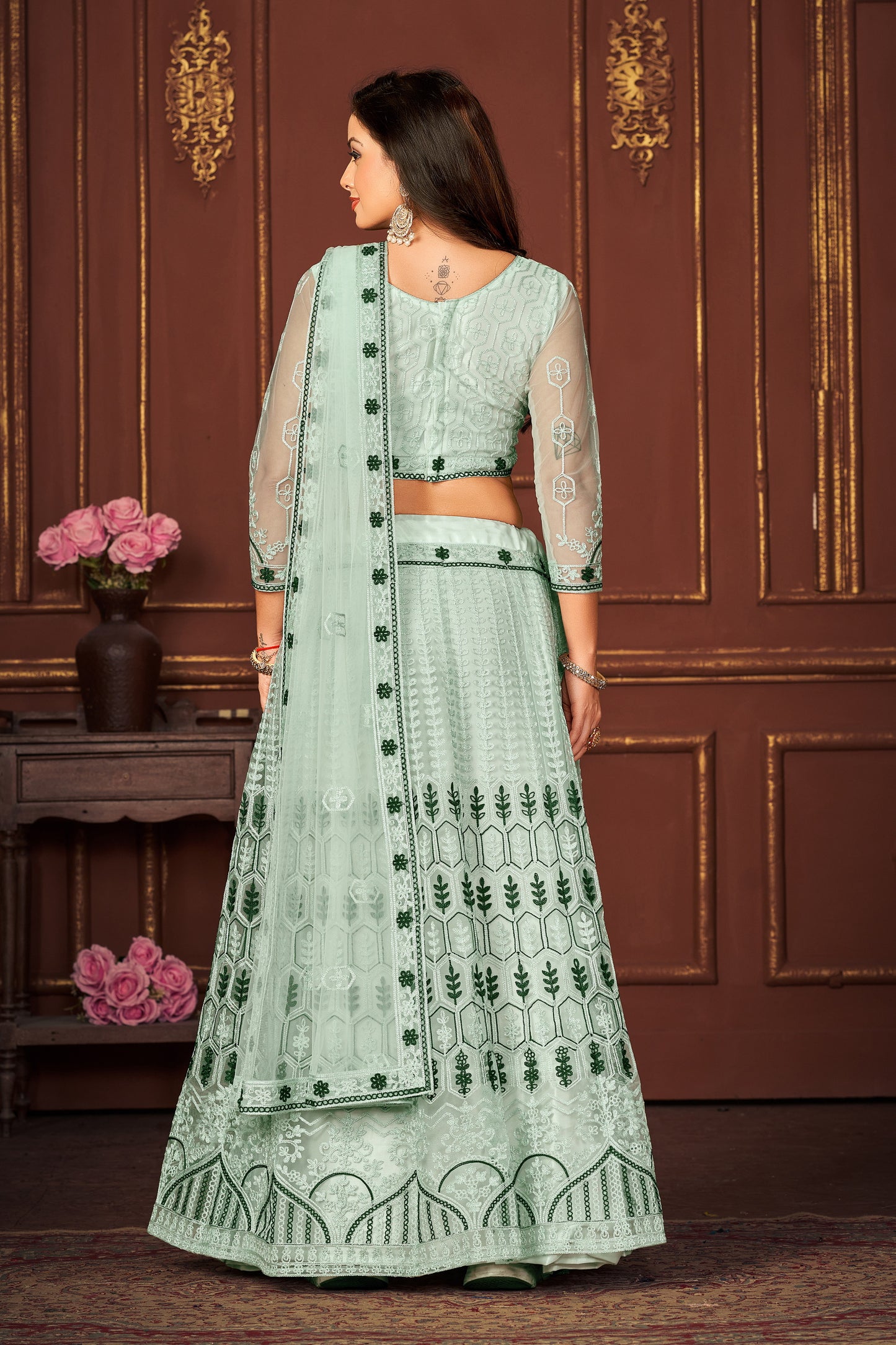 Embroidered Net Lehenga in Sea Green