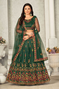 Net Mehendi Sangeet Lehenga in Green with Resham work