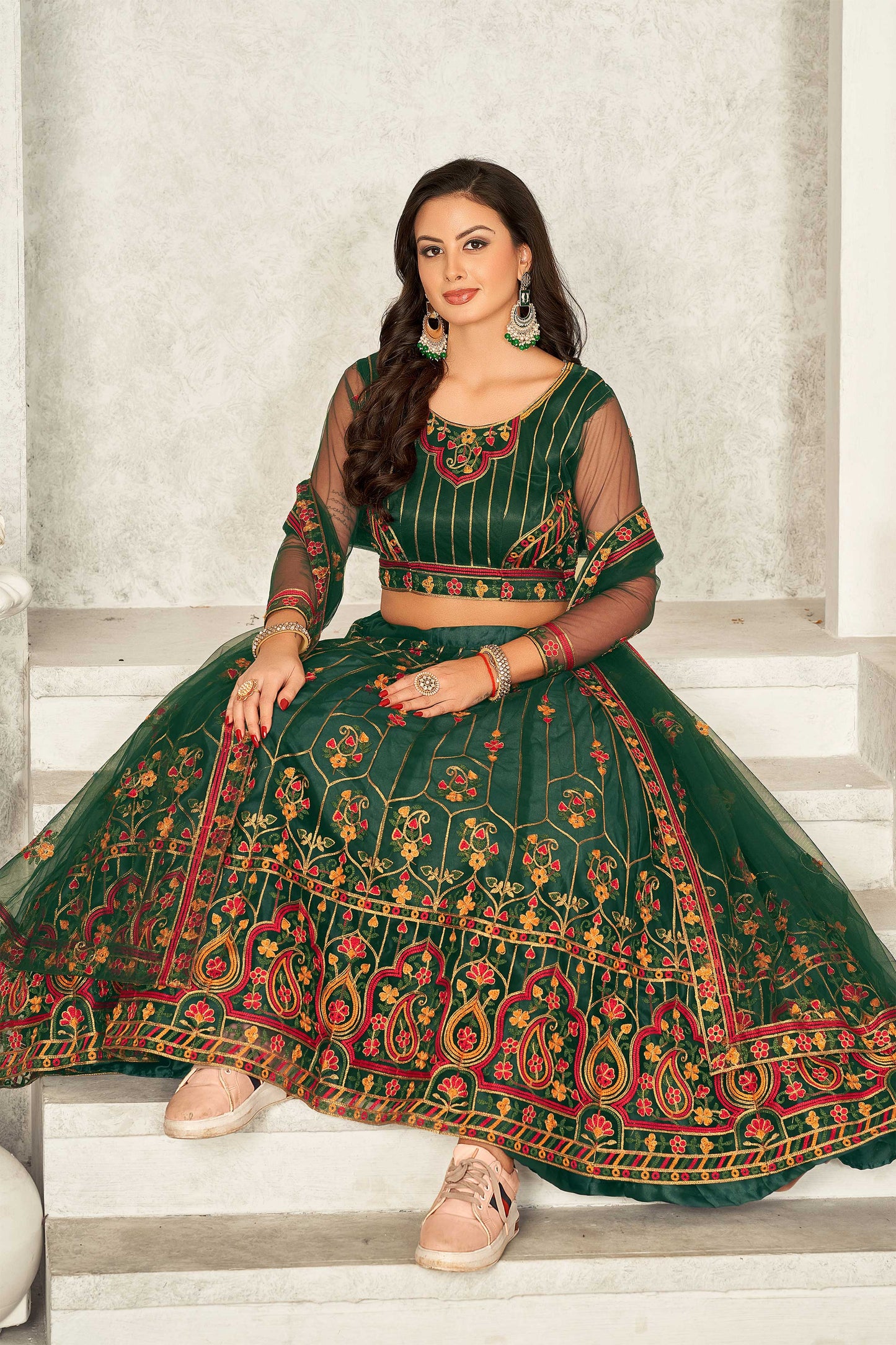 Net Mehendi Sangeet Lehenga in Green with Resham work