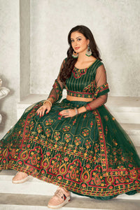 Net Mehendi Sangeet Lehenga in Green with Resham work