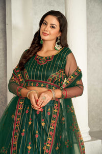 Net Mehendi Sangeet Lehenga in Green with Resham work