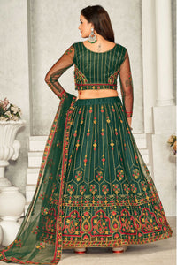 Net Mehendi Sangeet Lehenga in Green with Resham work