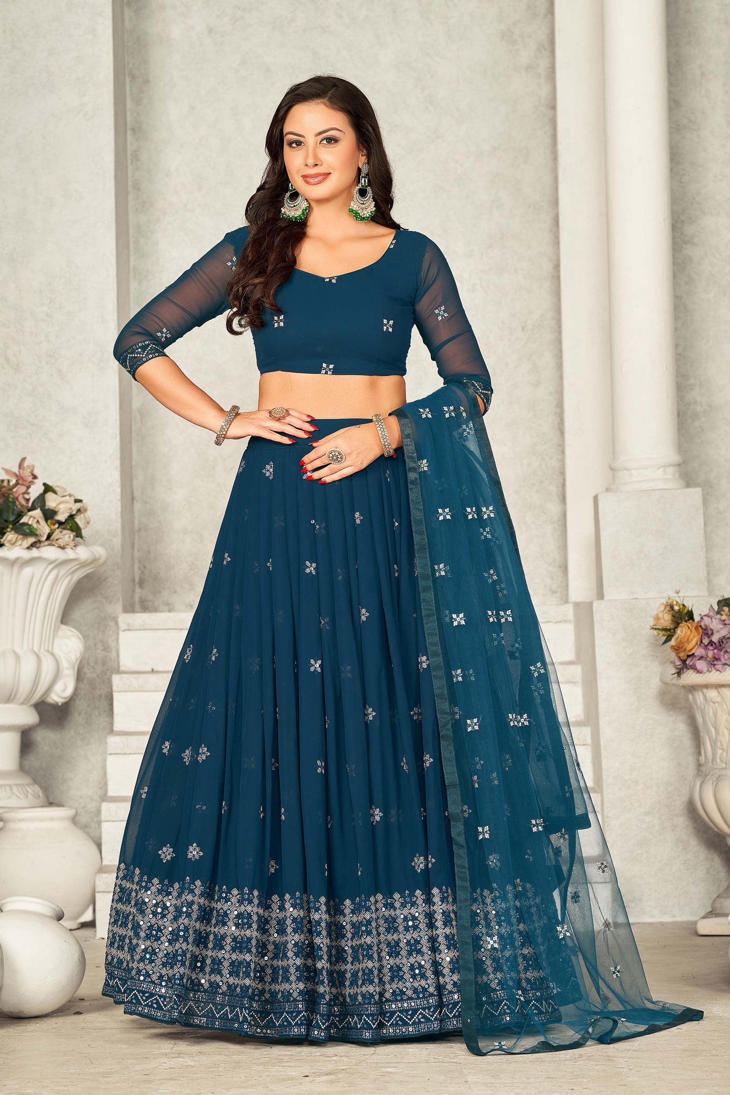 Teal Blue Embellished With Embroidered Georgette Lehenga Choli