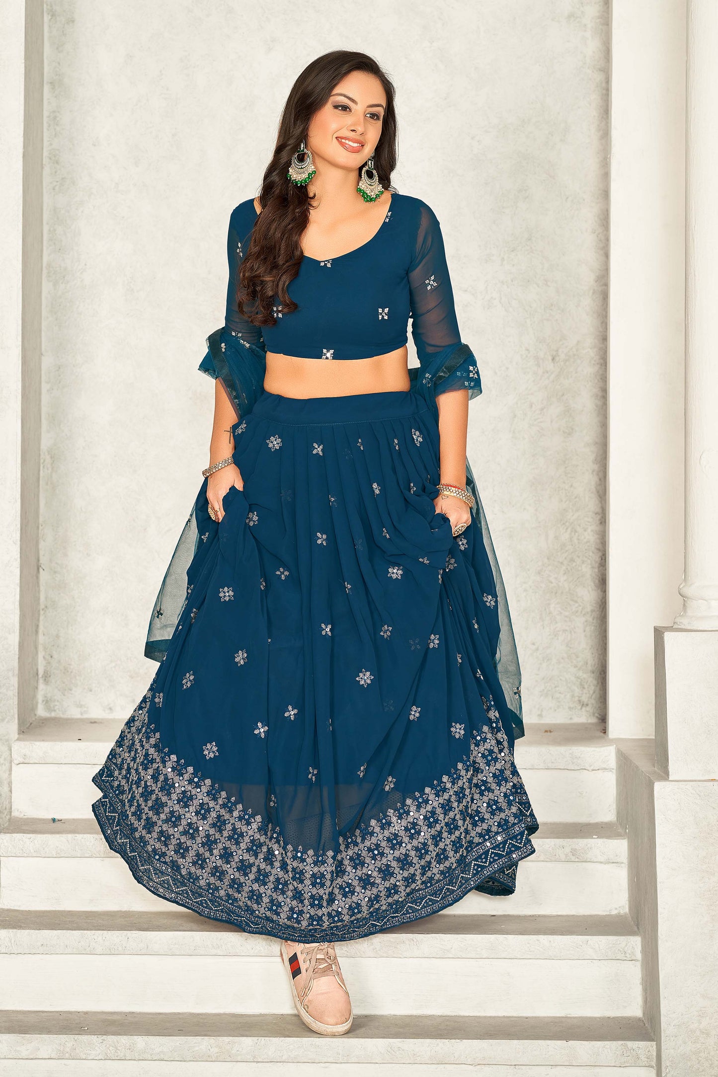 Teal Blue Embellished With Embroidered Georgette Lehenga Choli