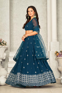 Teal Blue Embellished With Embroidered Georgette Lehenga Choli