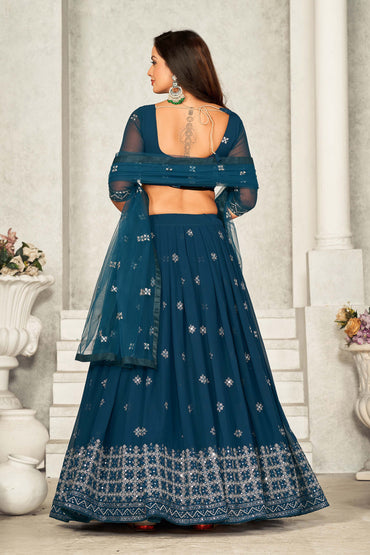 Teal Blue Embellished With Embroidered Georgette Lehenga Choli