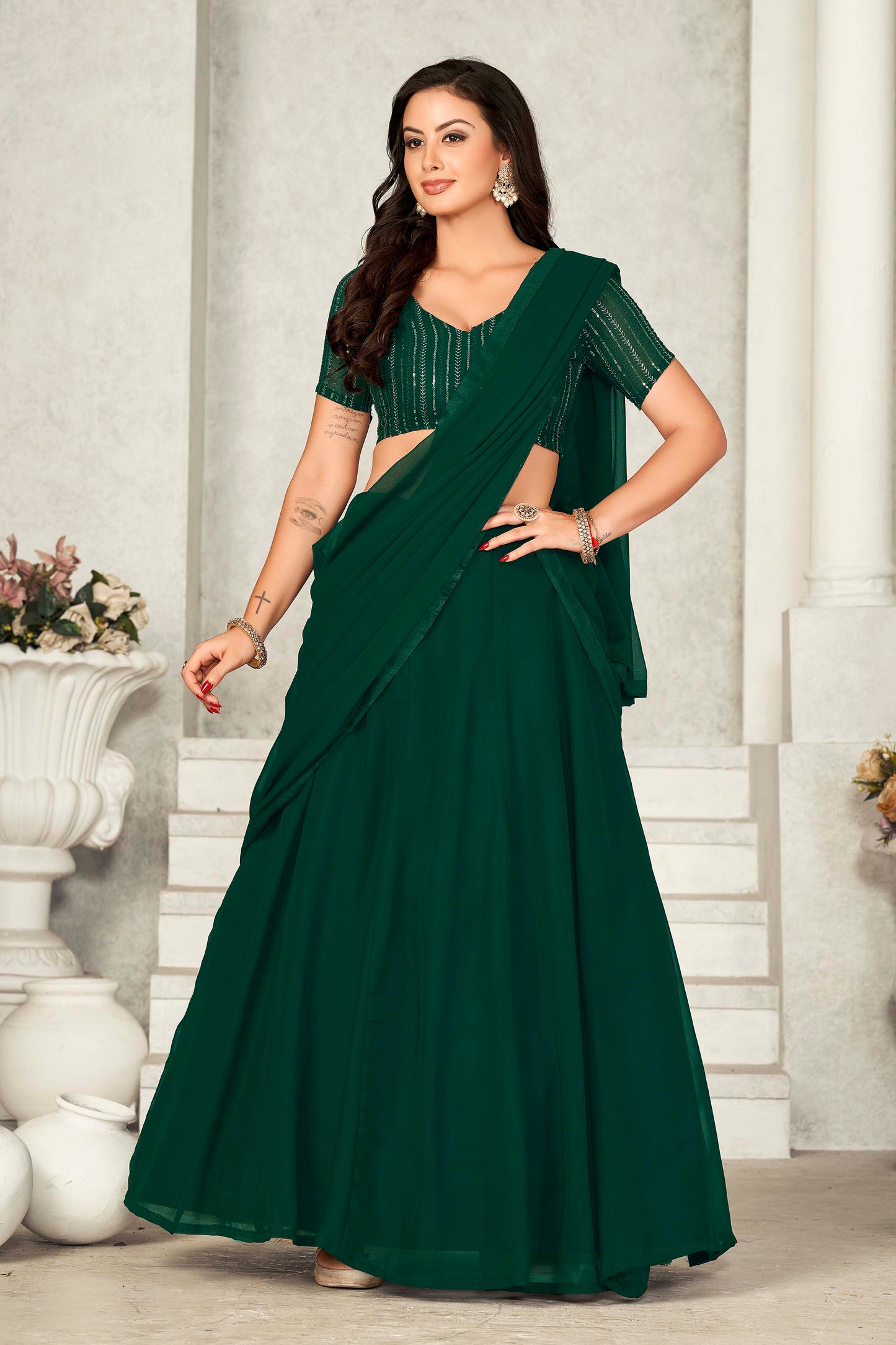 Green Embroidered Semi-Stitched Lehenga & Unstitched Blouse With Dupatta