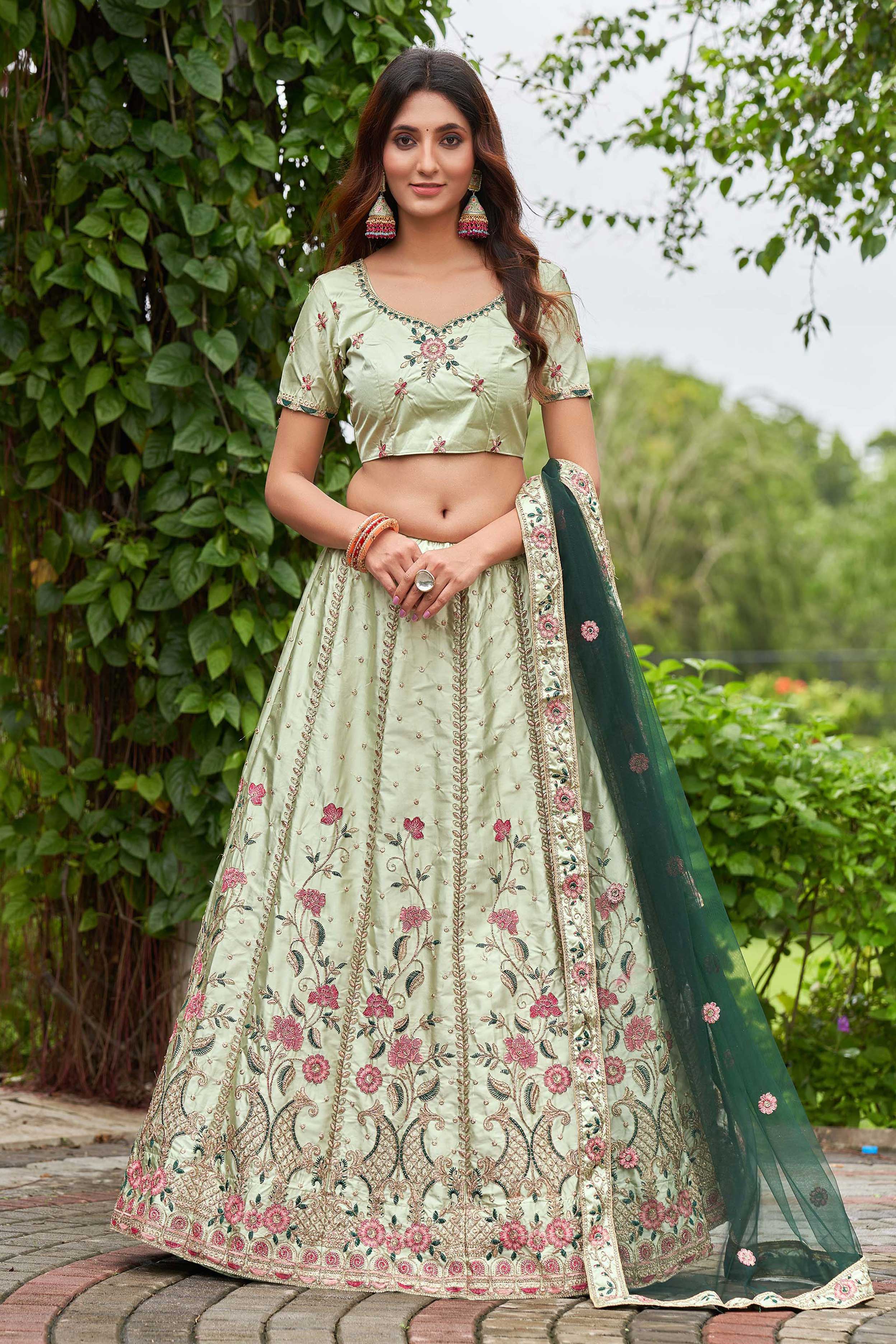 Pista Green Satin Silk Circular Lehenga Choli