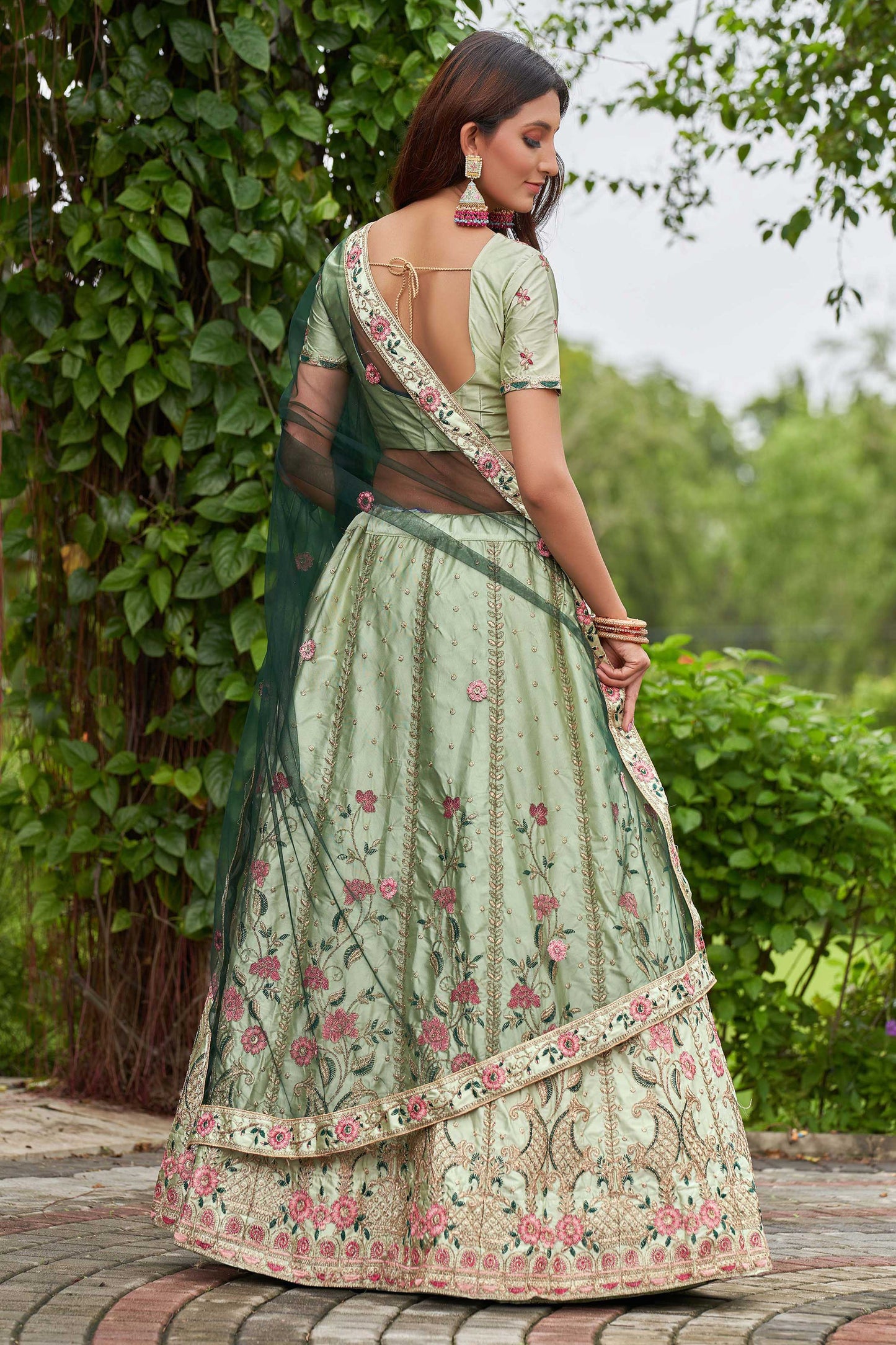 Pista Green Satin Silk Circular Lehenga Choli