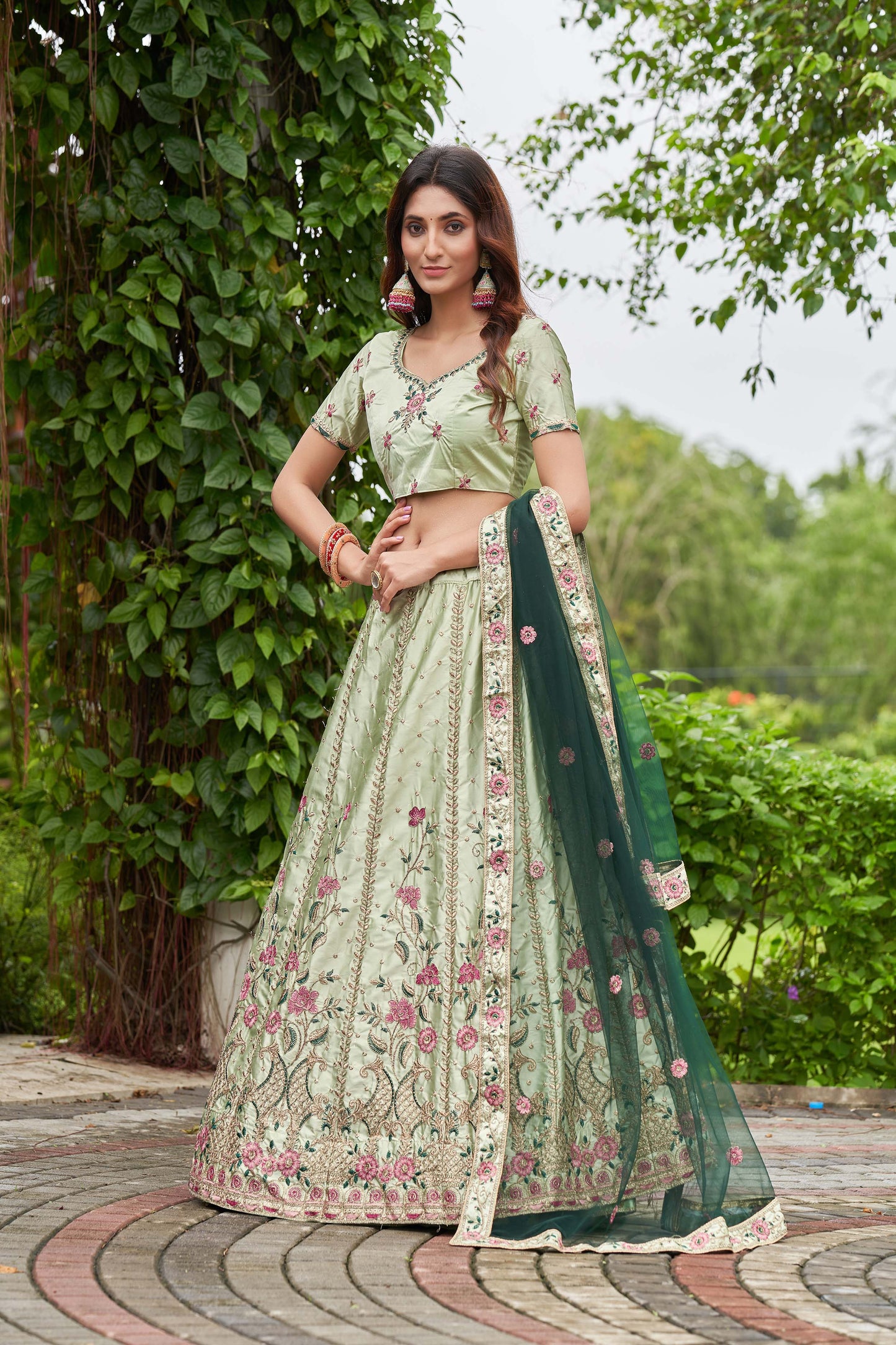 Pista Green Satin Silk Circular Lehenga Choli