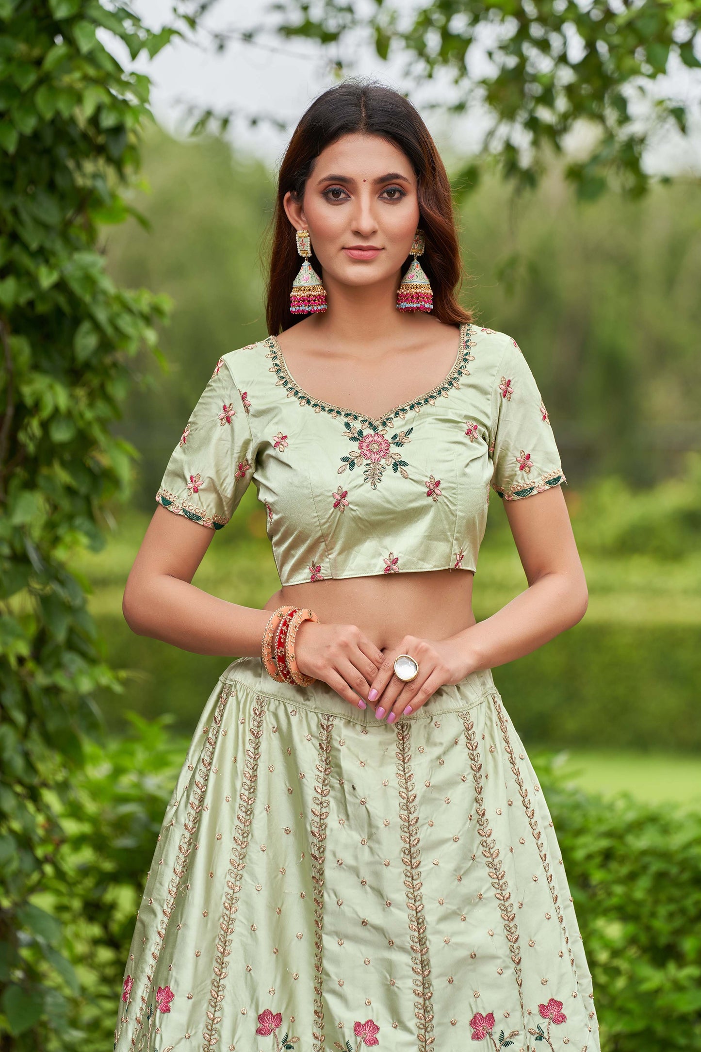 Pista Green Satin Silk Circular Lehenga Choli