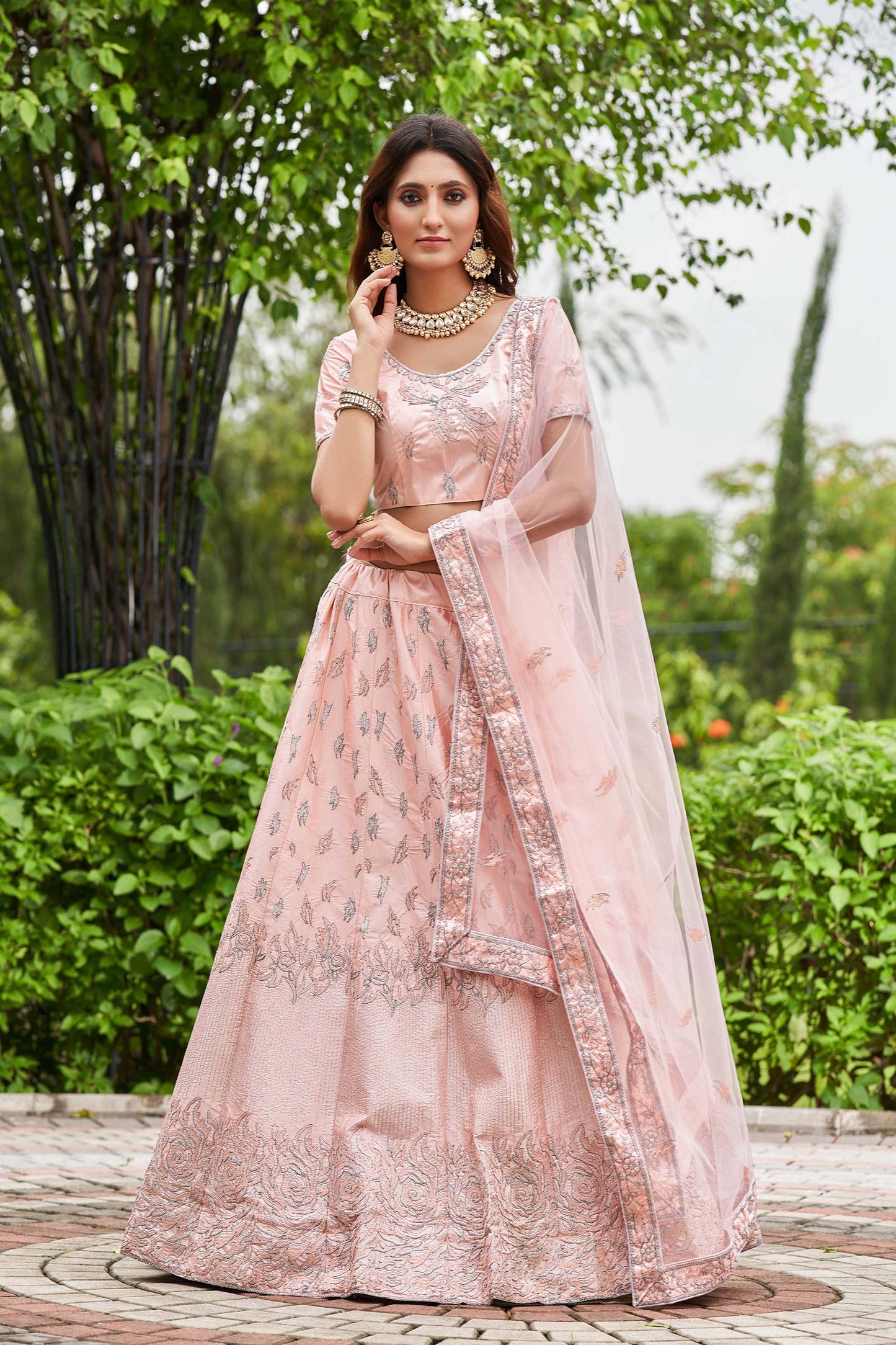 Pink & Sky Embroidered Ready to Wear Lehenga & Unstitched Blouse With Dupatta