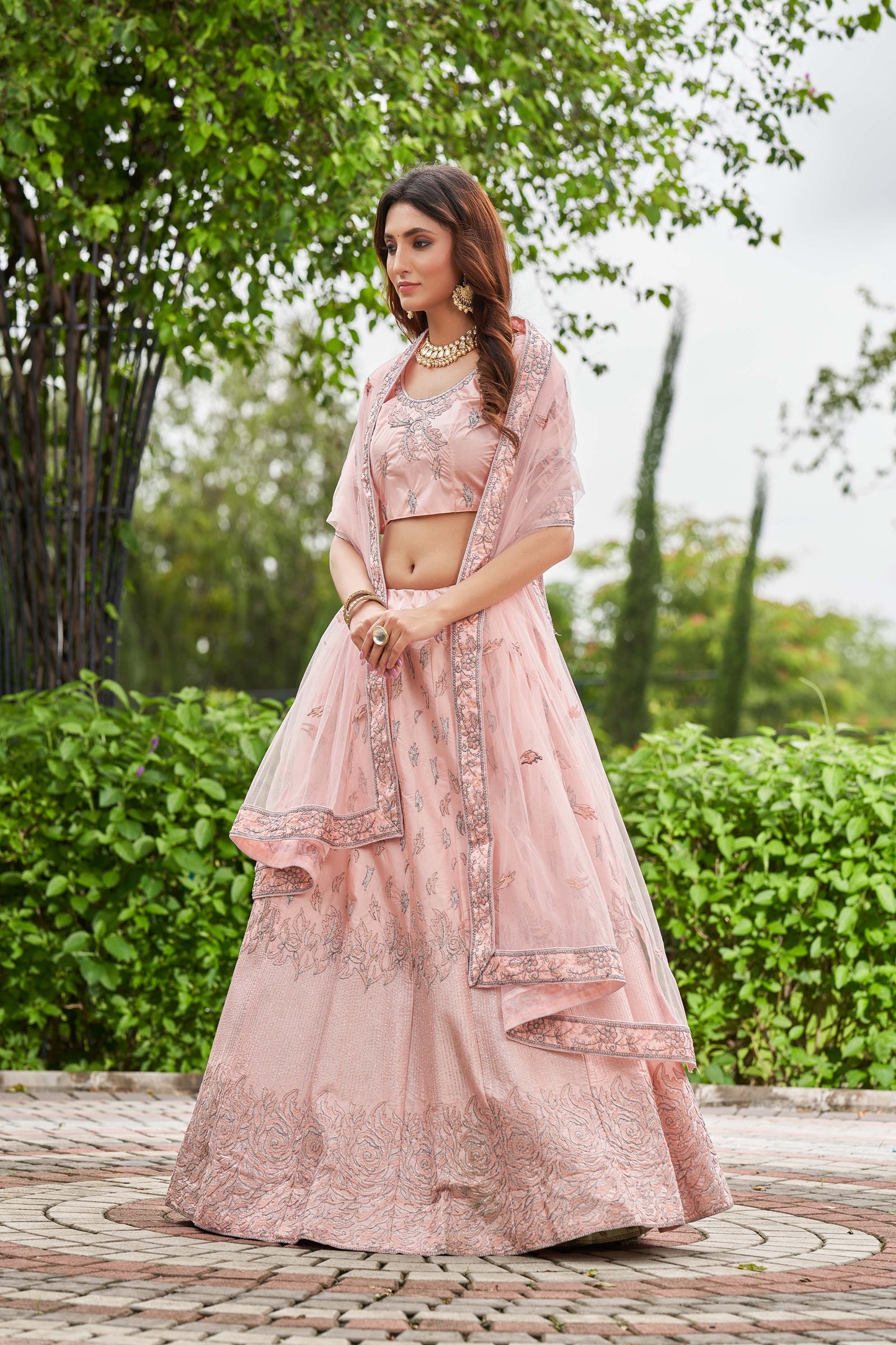 Pink & Sky Embroidered Ready to Wear Lehenga & Unstitched Blouse With Dupatta