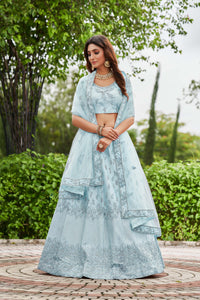 Pink & Sky Embroidered Ready to Wear Lehenga & Unstitched Blouse With Dupatta