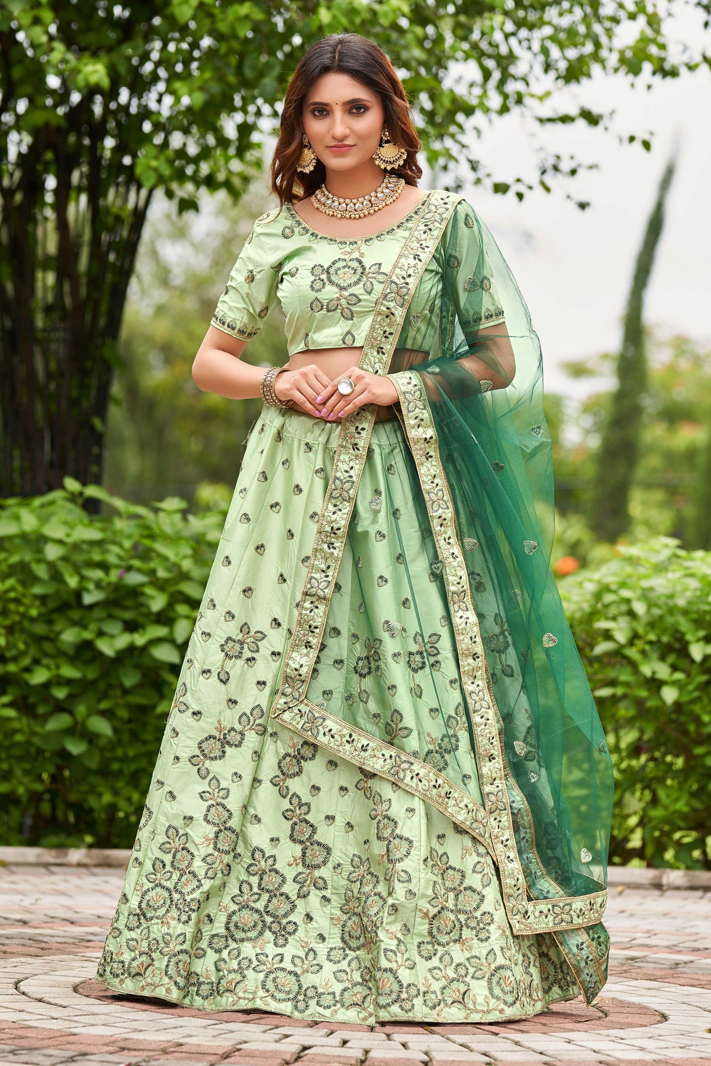 Sea Green Embroidered Ready to Wear Lehenga & Unstitched Blouse With Dupatta