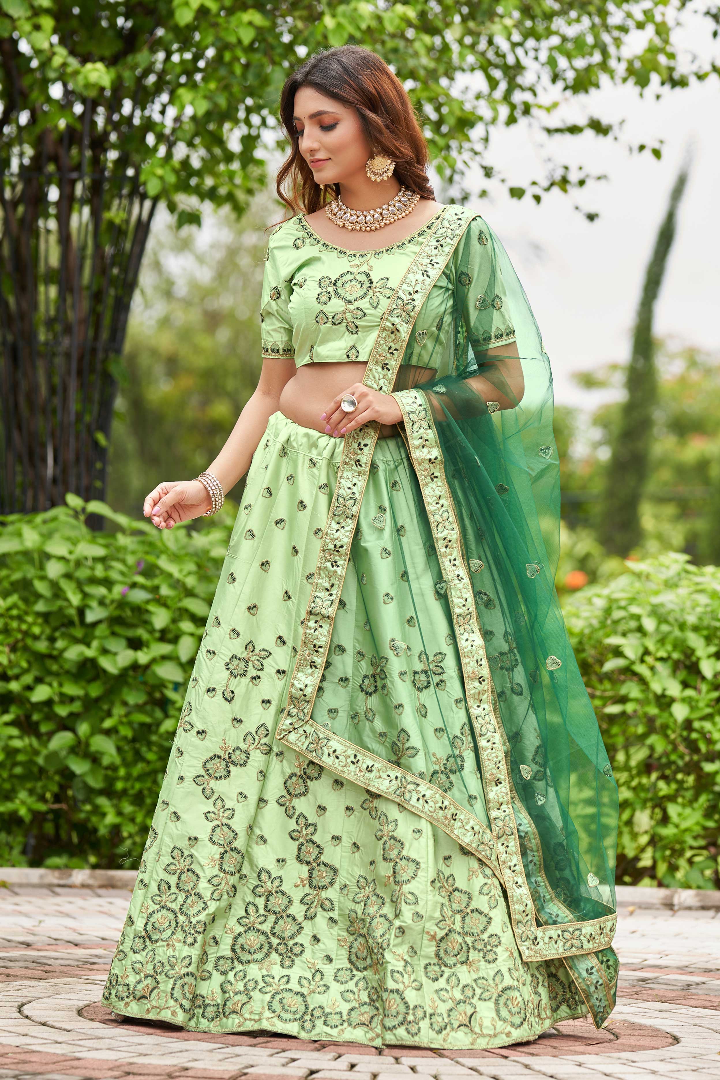 Sea Green Embroidered Ready to Wear Lehenga & Unstitched Blouse With Dupatta