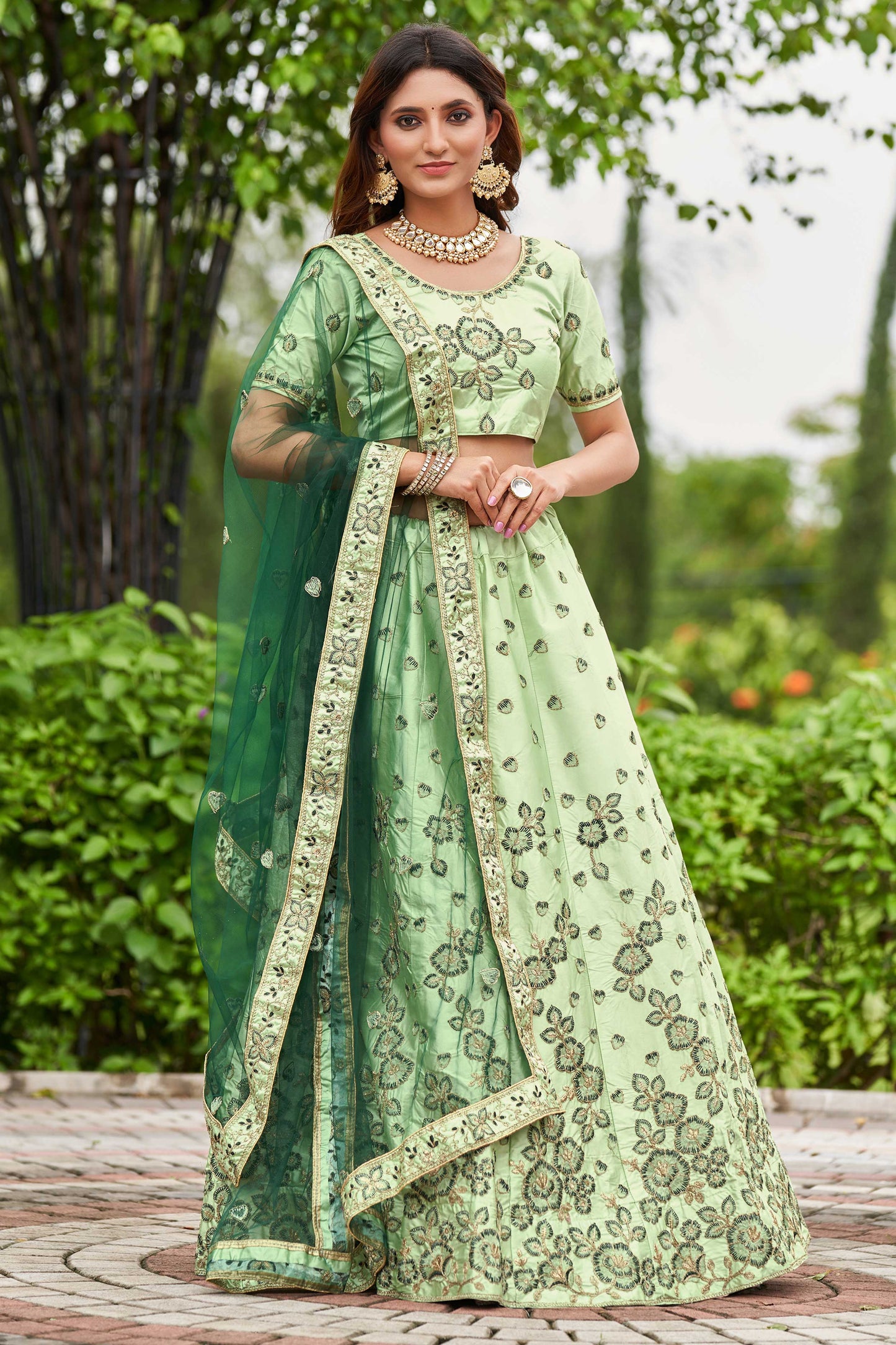 Sea Green Embroidered Ready to Wear Lehenga & Unstitched Blouse With Dupatta