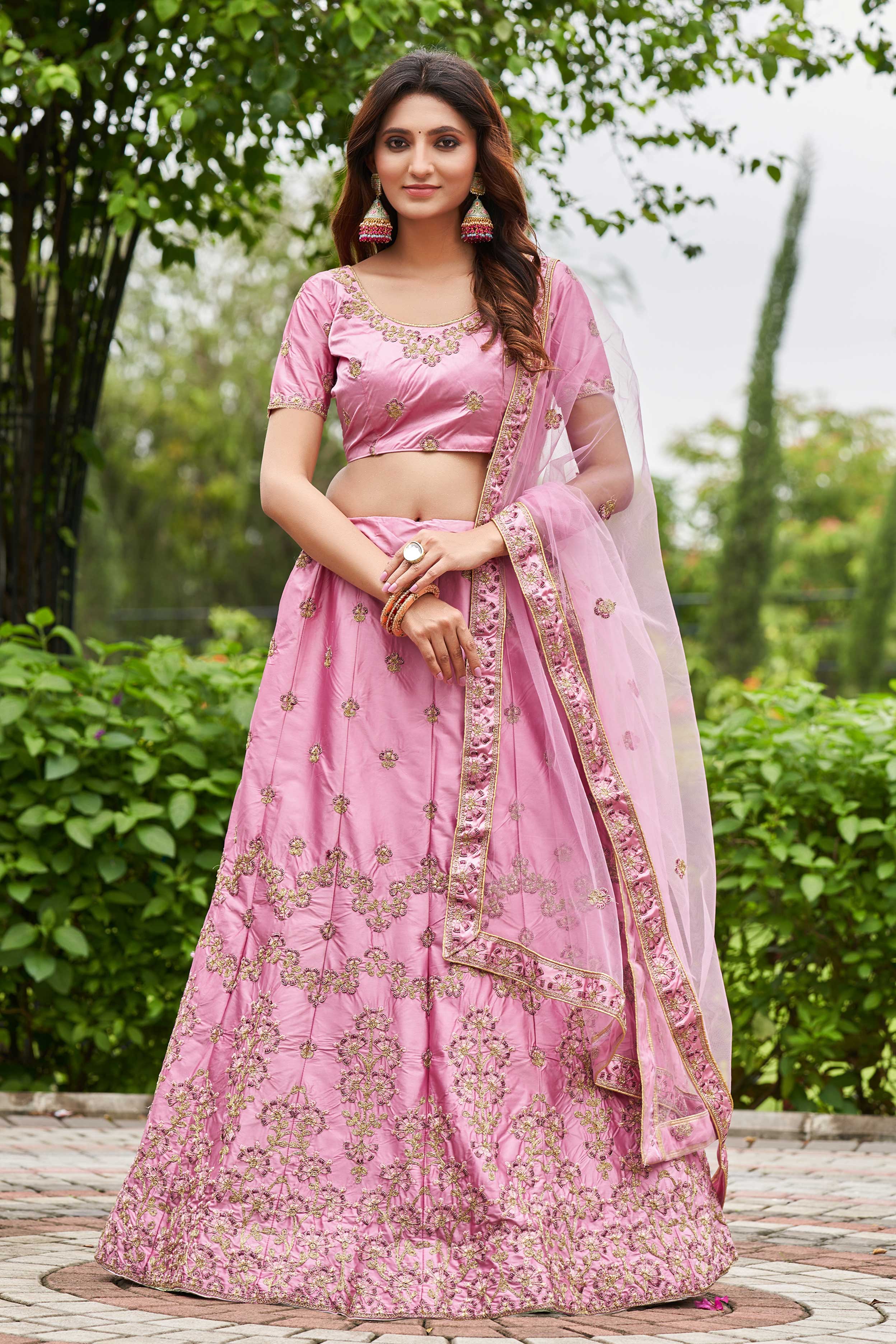 Satin Silk Engagement Lehenga in Pink and Majenta with Embroidered work