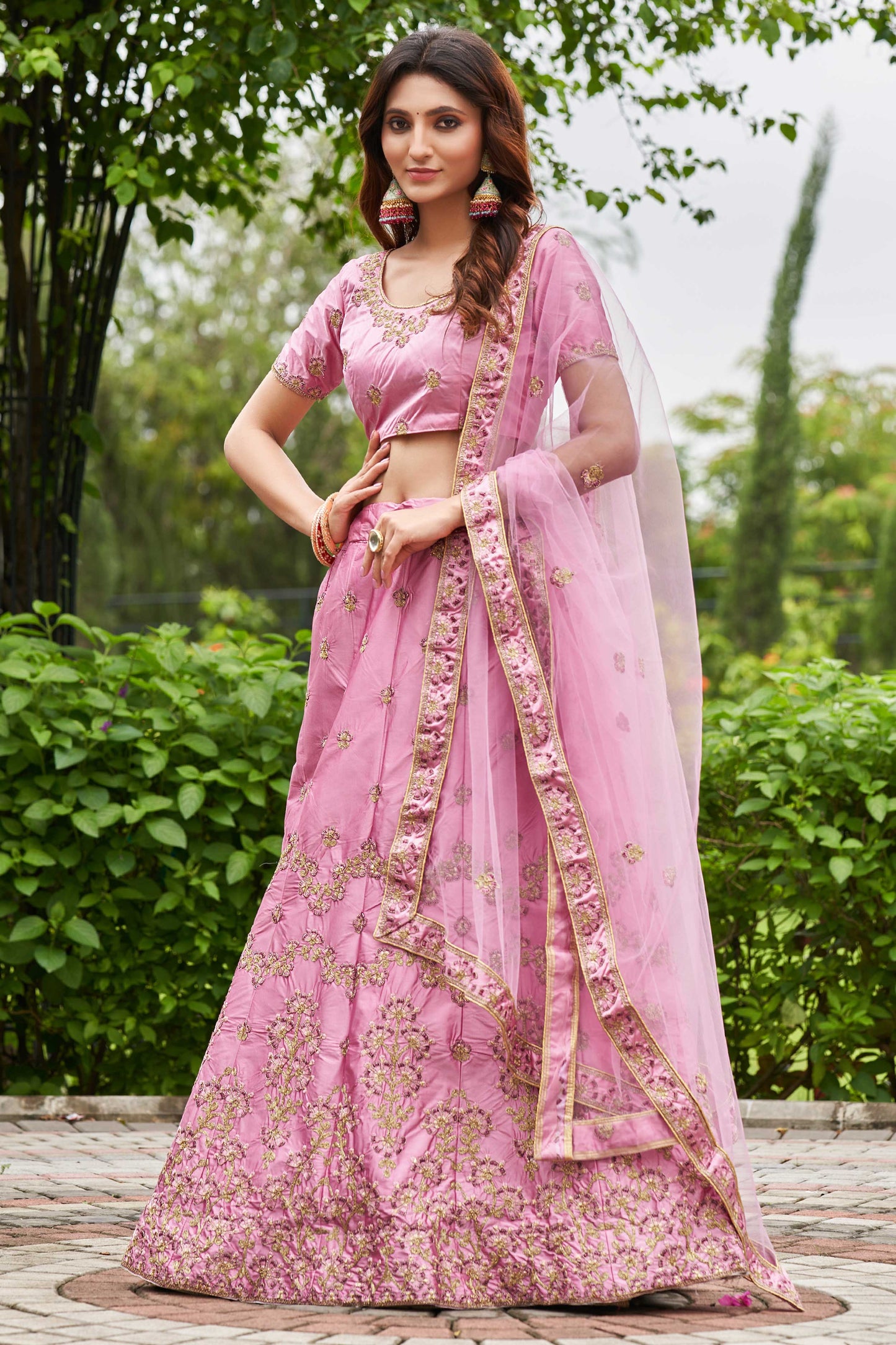 Satin Silk Engagement Lehenga in Pink and Majenta with Embroidered work