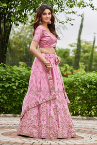 Satin Silk Engagement Lehenga in Pink and Majenta with Embroidered work