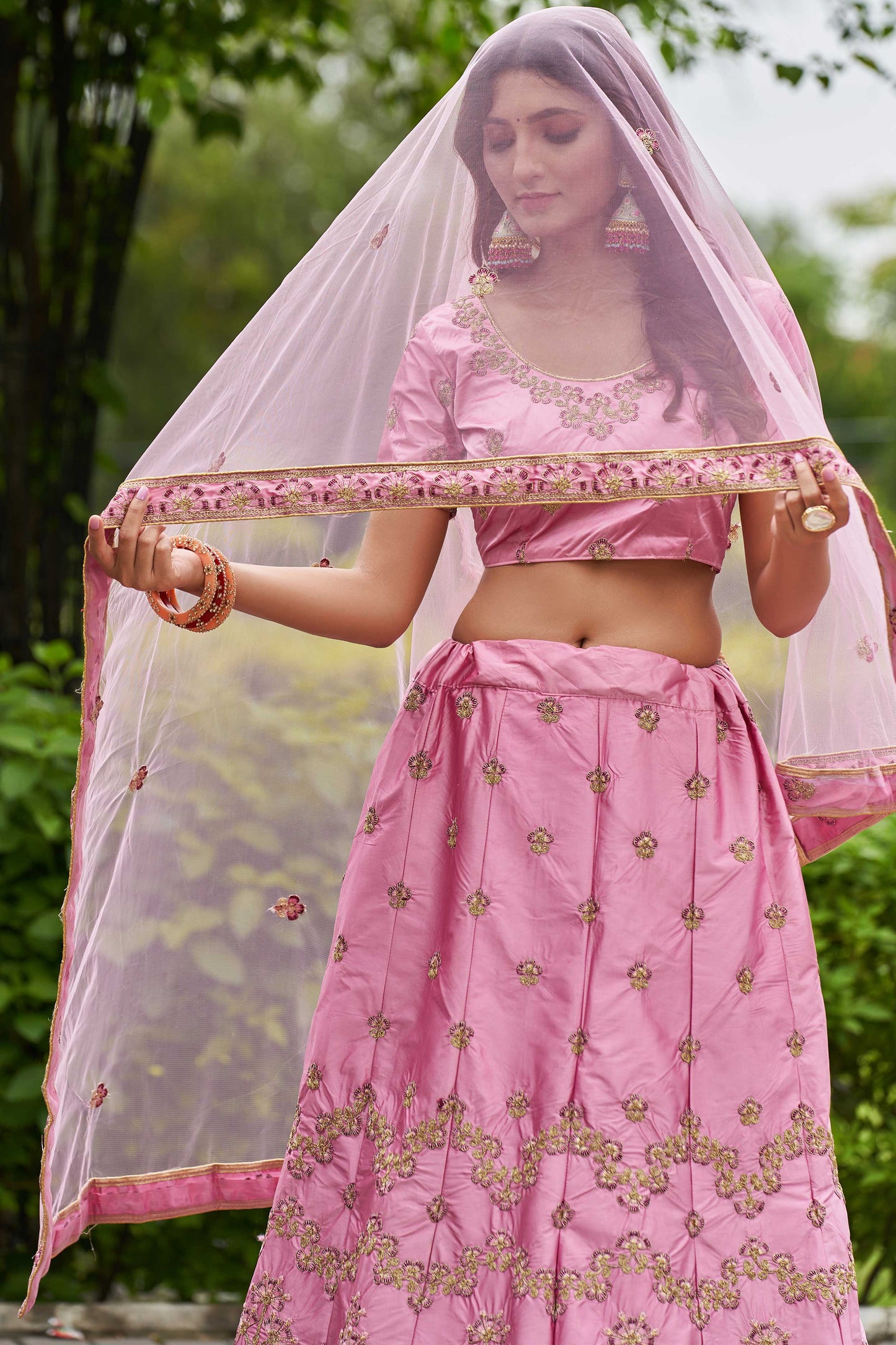 Satin Silk Engagement Lehenga in Pink and Majenta with Embroidered work