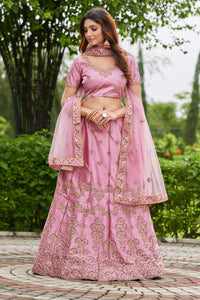 Satin Silk Engagement Lehenga in Pink and Majenta with Embroidered work