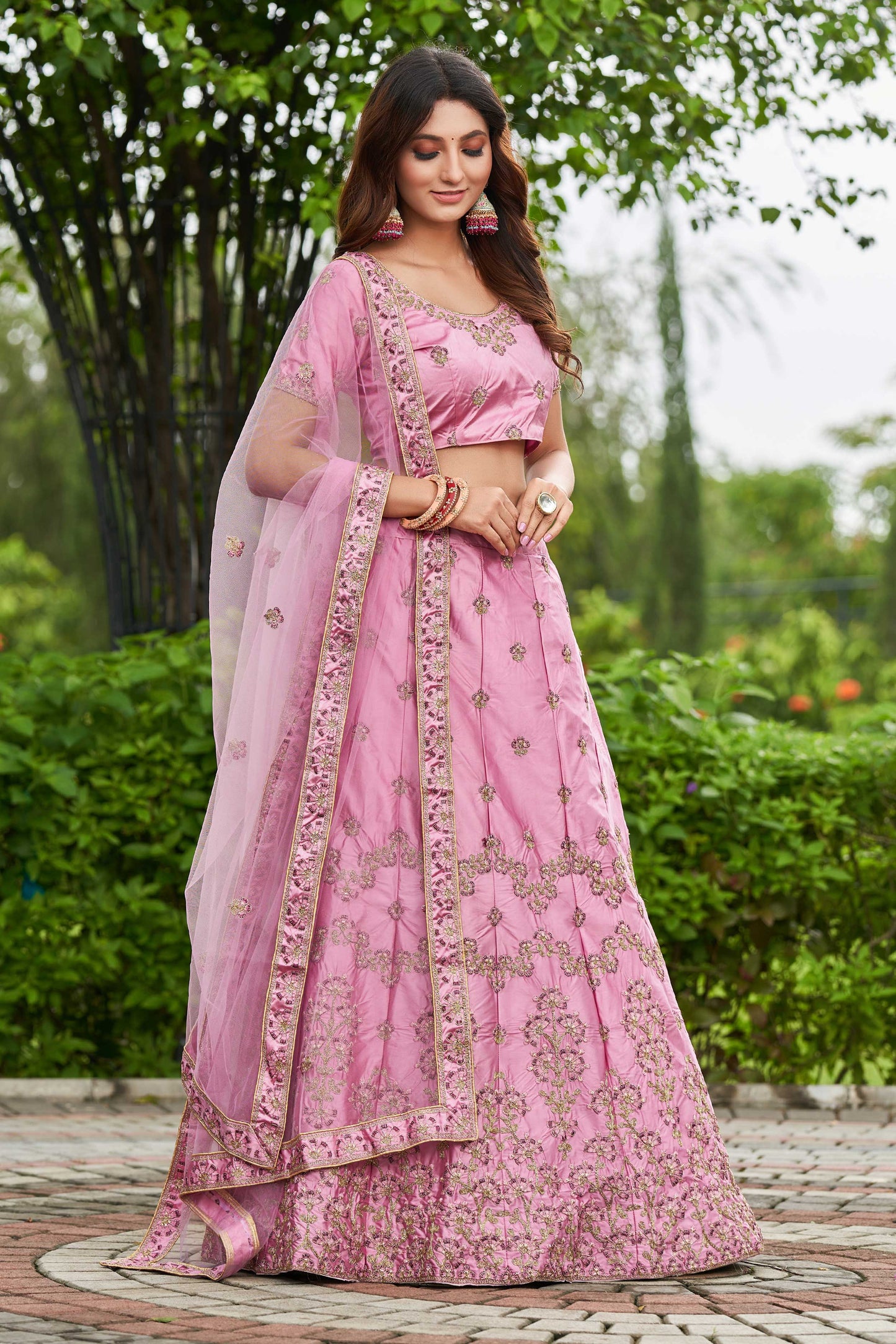 Satin Silk Engagement Lehenga in Pink and Majenta with Embroidered work