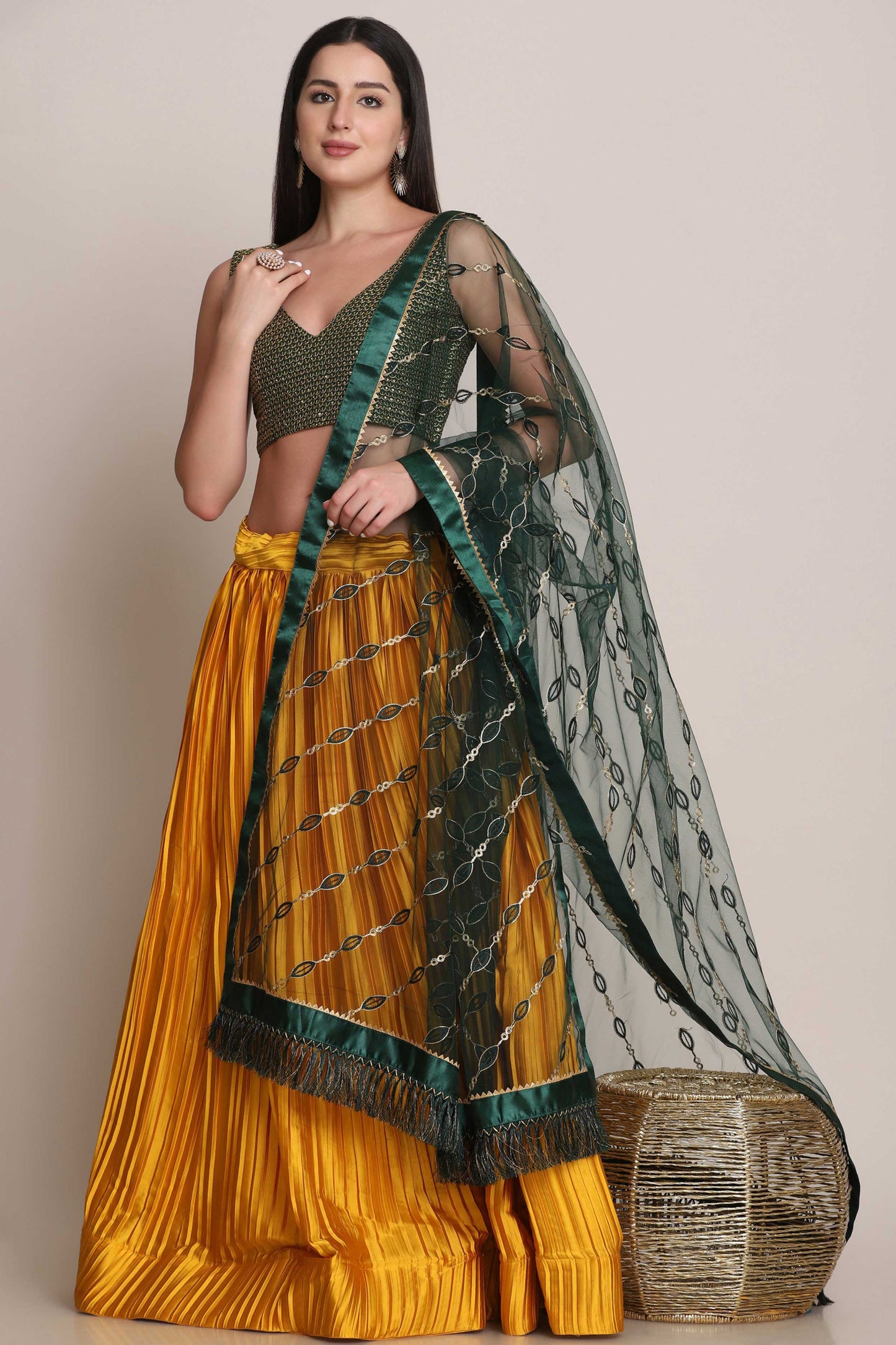 Shartin Silk Platted Style Yellow Lehenga with Taffeta Silk Green Choli and Net Designer Dupatta