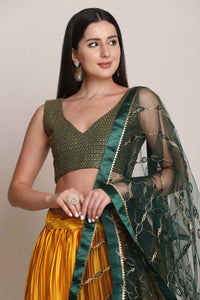 Shartin Silk Platted Style Yellow Lehenga with Taffeta Silk Green Choli and Net Designer Dupatta